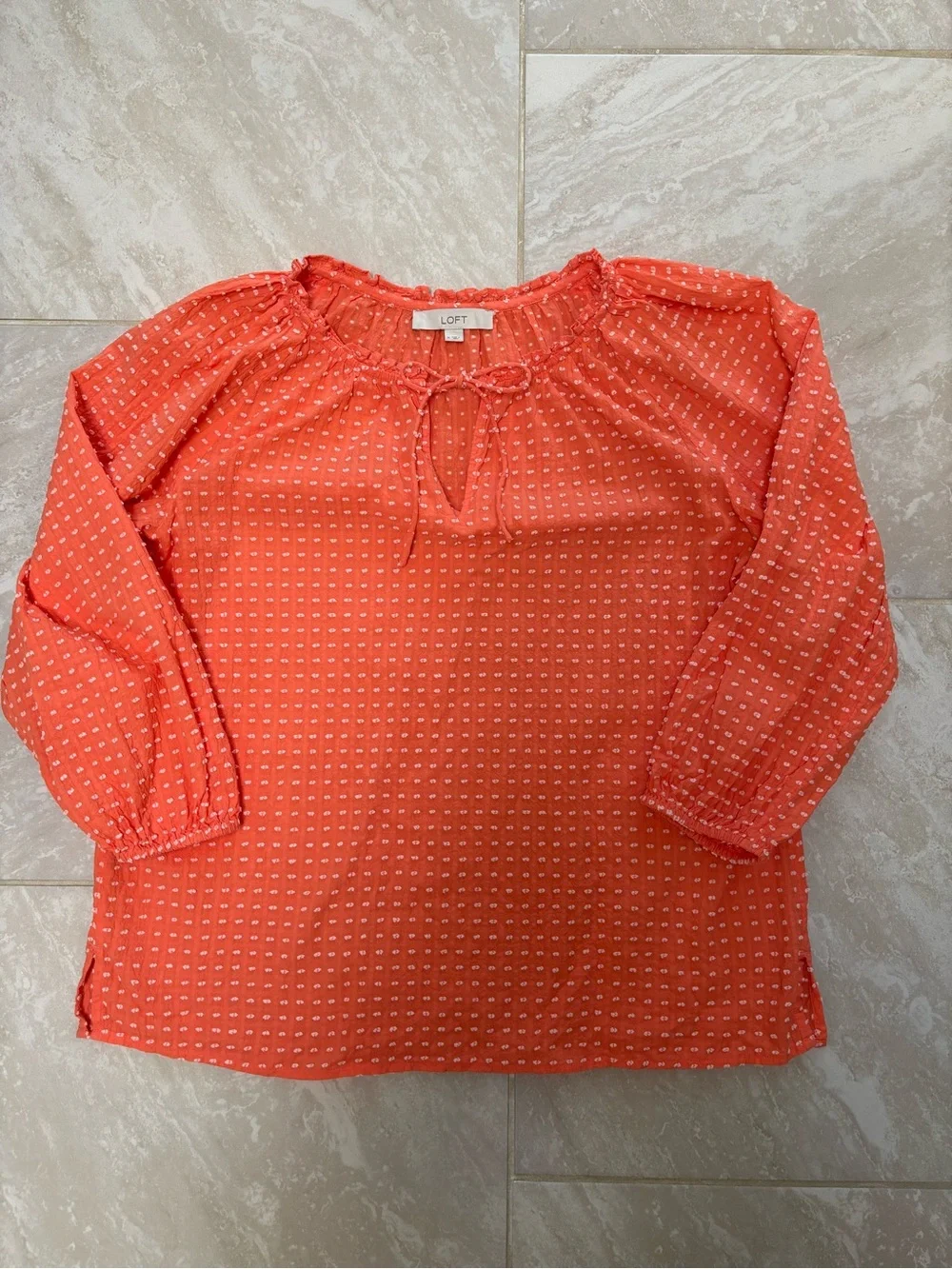 LOFT Coral Orange Textured Dot 3/4 Sleeve Blouse
